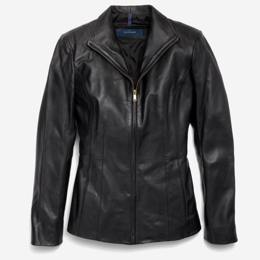 NWT Cole Haan Lambskin Black Leather Jacket Size Small
